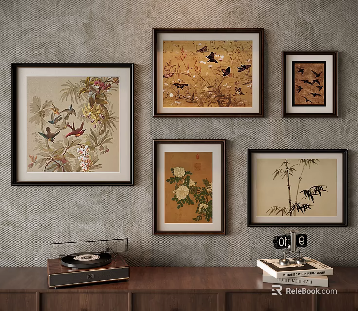 Framed Abstract Paintings With Floral Bird Bamboo Designs On Wall With Record Player Below 3d model 