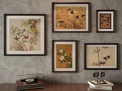 Framed Abstract Paintings With Floral Bird Bamboo Designs On Wall With Record Player Below 3d model