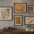 Framed Abstract Paintings With Floral Bird Bamboo Designs On Wall With Record Player Below