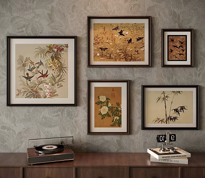 Framed Abstract Paintings With Floral Bird Bamboo Designs On Wall With Record Player Below 3d model