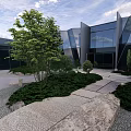 Modern Courtyard Garden With Greenery Shrubs Stones Gravel Path Lighting And Blue Sky