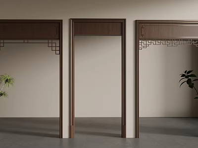 Chinese Style Wooden Door Frames With Carved Patterns Against Light Wall And Green Plants 3d model