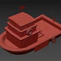Traditional Wooden Boat With Blue Roof Red Lifebuoy And Red Flag On Deck
