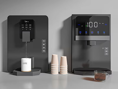 Black Water Dispensers Dispensing Water Into Paper Cup With Stacked Cups And Tea Cup Nearby 3d model