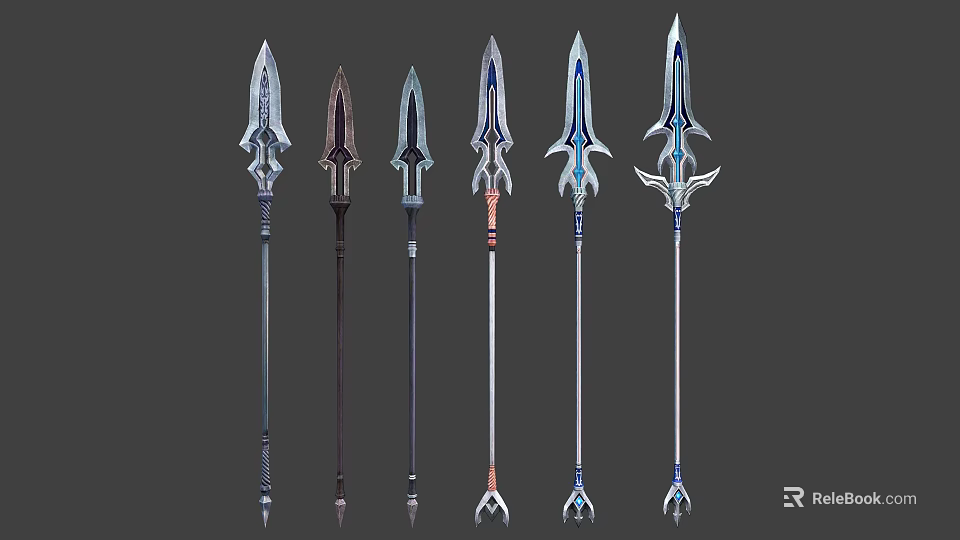 Decorative Fantasy Spears with Intricate Patterns and Mythical Weapon Designs 3d model