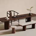 Natural Minimalist Wooden Tea Table With Chair Bench And Tea Accessories