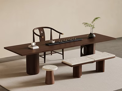 Natural Minimalist Wooden Tea Table With Chair Bench And Tea Accessories 3d model
