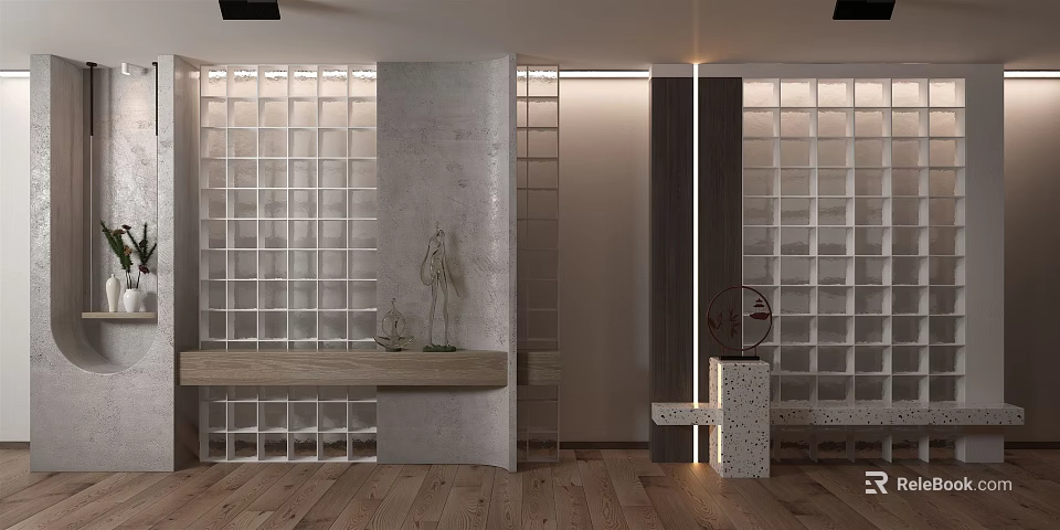 Modern Glass Block Partition Interior With Concrete Wall Wooden Floor Ambient Lighting And Decorative Sculptures 3d model 