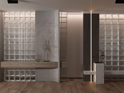Modern Glass Block Partition Interior With Concrete Wall Wooden Floor Ambient Lighting And Decorative Sculptures 3d model