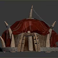 Modern Red Canopy Structure Featuring Spikes Chains And Circular Wooden Frame