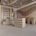 Modern Interior Showroom With Wooden Display Panels Reception Counter And Wavy Ceiling Design
