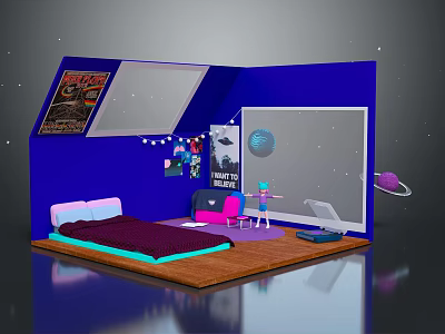 Cartoon Room Scene with Blue Walls Skylight Posters String Lights and Planets 3d model
