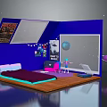 Cartoon Room Scene with Blue Walls Skylight Posters String Lights and Planets