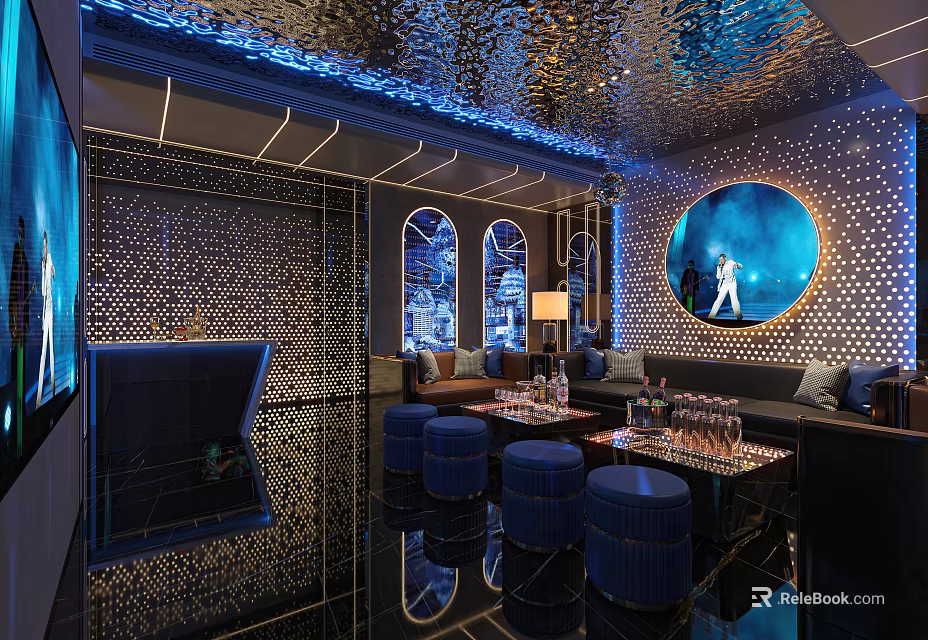 Modern KTV Lounge Interior with Blue Lighting Round Decor and Comfortable Sofas 3d model 