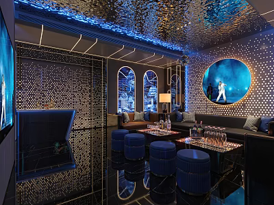 Modern KTV Lounge Interior with Blue Lighting Round Decor and Comfortable Sofas 3d model