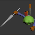 Green Cartoon Game or Movie Character With Big Yellow Eyes Grinning Holding Spear
