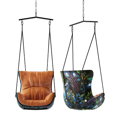 Modern Stylish Hanging Chairs With Brown Leather And Peacock Floral Patterns 3d model