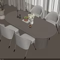 Modern Dining Table Set With Oval Wooden Top Four Gray Chairs Fruit Bowl Flower Vase