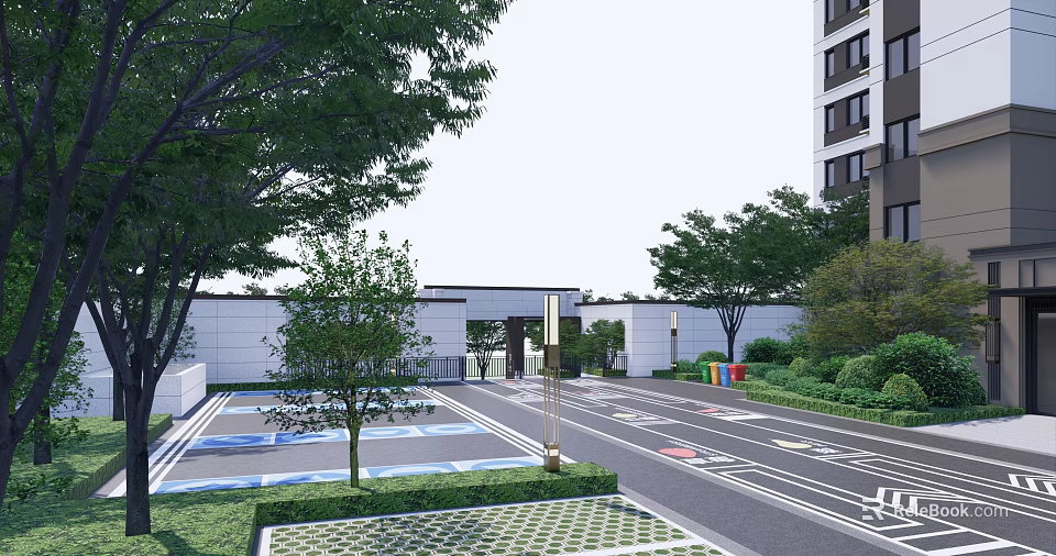 Fire Rescue Access Area With Clear Road Markings Surrounding Trees And Residential Building 3d model 