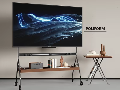 Contemporary TV Setup on Wooden Wheel Stand with Radio Books Decorations and POLIFORM Accent Table 3d model
