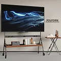Contemporary TV Setup on Wooden Wheel Stand with Radio Books Decorations and POLIFORM Accent Table
