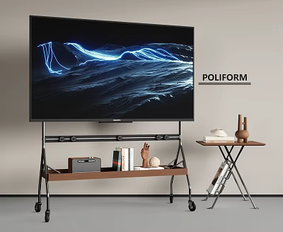 Contemporary TV Setup on Wooden Wheel Stand with Radio Books Decorations and POLIFORM Accent Table 3d model