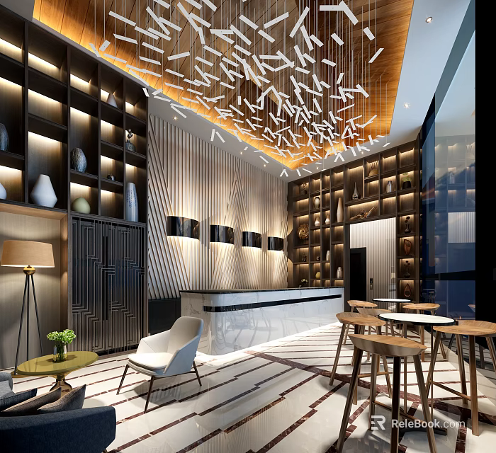 Hotel Lobby Interior Design With Modern Ceiling Decor Marble Reception Desk And Stylish Seating Furniture 3d model 