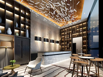 Hotel Lobby Interior Design With Modern Ceiling Decor Marble Reception Desk And Stylish Seating Furniture 3d model