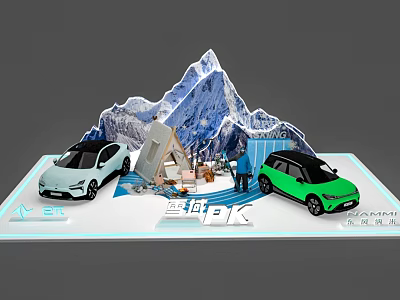 Green And White Outdoor Adventure Cars With Snow Mountain Tent And People 3d model