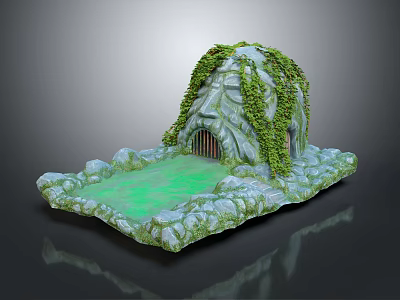Cartoon Scene With Stone Cave Green Vines Arched Gate Green Ground And Stone Platform 3d model