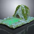 Cartoon Scene With Stone Cave Green Vines Arched Gate Green Ground And Stone Platform