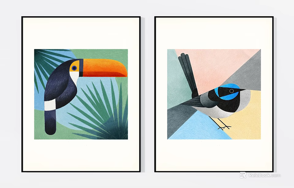 Vibrant Animal Paintings Featuring Toucan with Palm Leaves and Colorful Bird on Geometric Backgrounds 3d model 