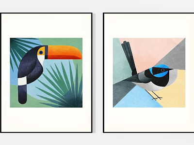 Vibrant Animal Paintings Featuring Toucan with Palm Leaves and Colorful Bird on Geometric Backgrounds 3d model