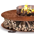 Modern Fire Pit Designs With Copper And Black Bases And Stacked Firewood Flames 3d model