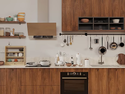 Modern Wooden Kitchen Interior With Hanging Pots Countertop Oven And Spices On Shelves 3d model