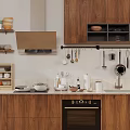 Modern Wooden Kitchen Interior With Hanging Pots Countertop Oven And Spices On Shelves