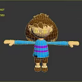 3D Cartoon Child With Brown Hair Blue Shirt Purple Stripes And Brown Shorts Arms Outstretched