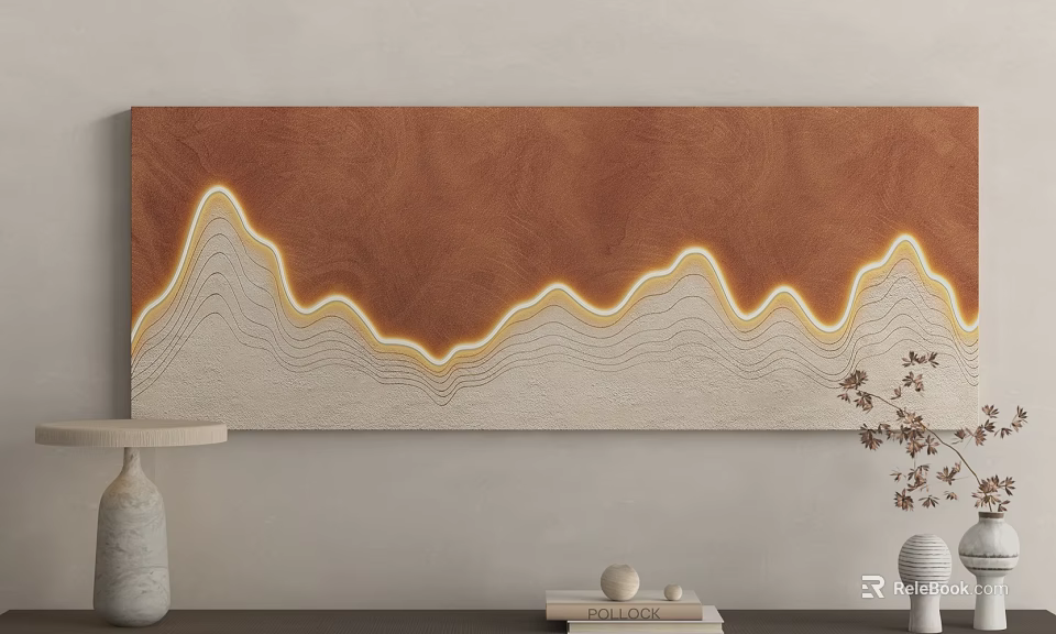 Modern Decorative Wall Art With Brown Background And Yellow Wavy Lines 3d model 