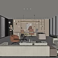 Contemporary Office Interior Featuring Open Layout Bookshelves Sofa Work Desk and Floor to Ceiling Windows