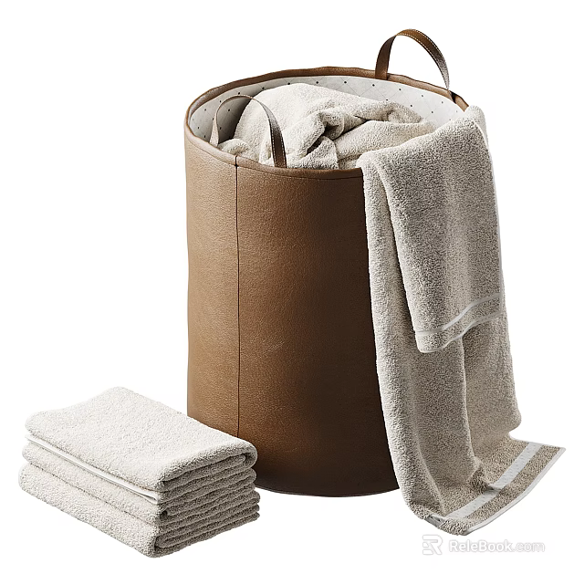 Soft Towels With Brown Laundry Basket 3d model 