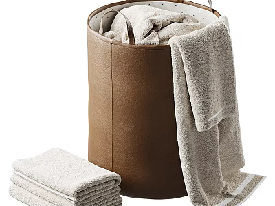 Soft Towels With Brown Laundry Basket 3d model