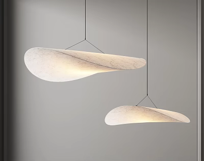 Modern White Pendant Lights with Curved Leaf Shaped Design Hanging Against Gray Wall 3d model
