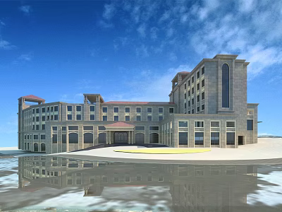 Elegant Hotel Building With Red Roof Large Windows And Water Reflection 3d model