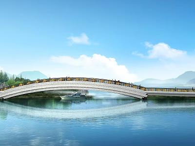 Scenic Arch Bridge Over Calm Water With Reflection Blue Sky And Distant Mountains 3d model
