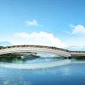 Scenic Arch Bridge Over Calm Water With Reflection Blue Sky And Distant Mountains