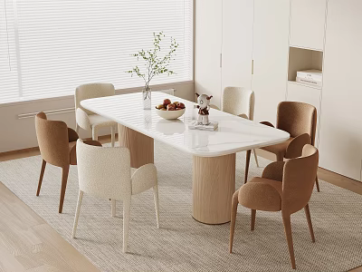 Modern Dining Table and Chairs Set with White Top Wooden Legs Beige Brown Seats 3d model