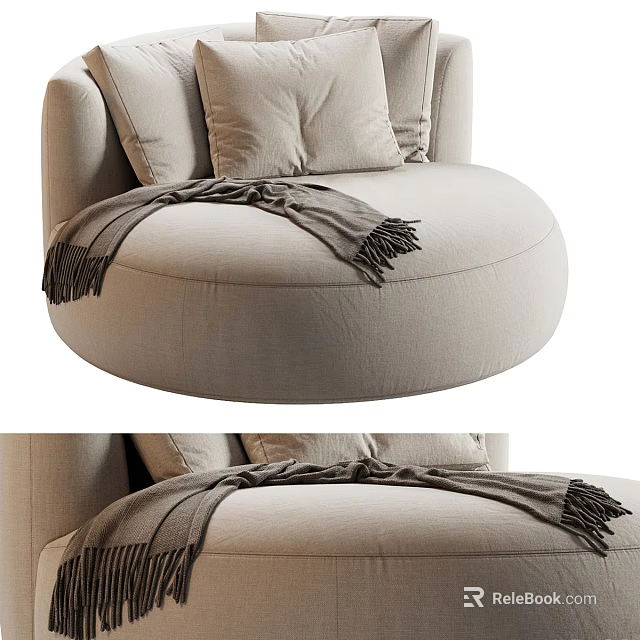 Cozy Round Beige Single Sofa With Soft Pillows And Tasseled Blanket Design 3d model 