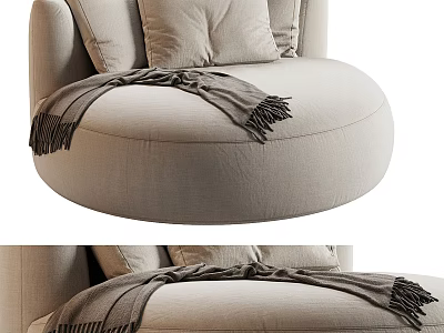 Cozy Round Beige Single Sofa With Soft Pillows And Tasseled Blanket Design 3d model