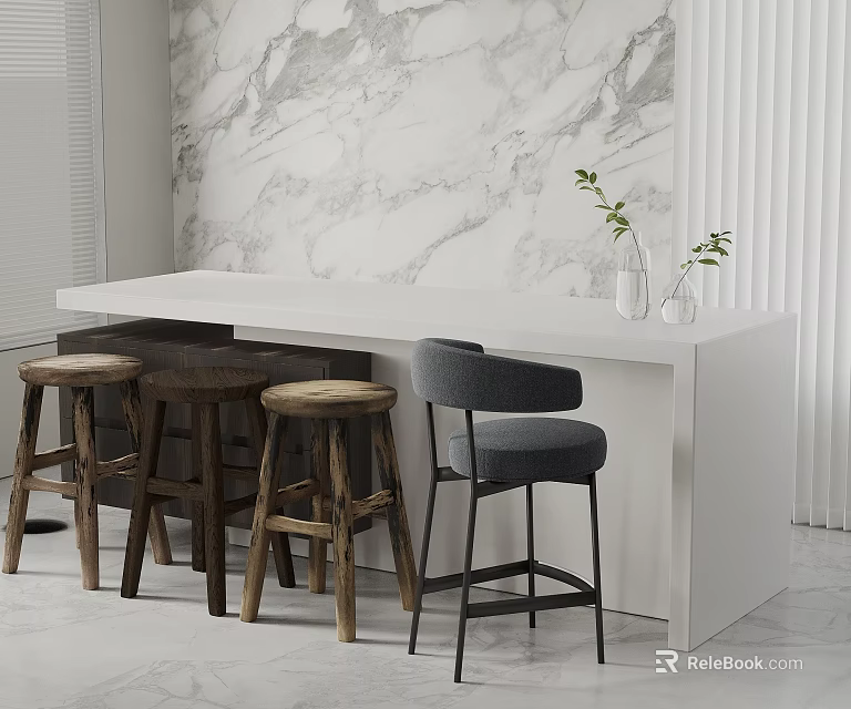 Wooden And Gray Bar Stools By White Counter With Plant In Interior Near Marble Wall 3d model 