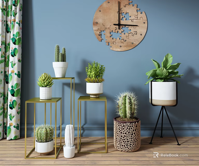 Cactus and Succulent Potted Plants on Golden Metal Stands with White Decorative Pots 3d model 